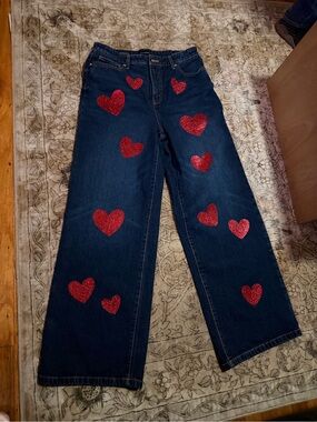 Dark Blue Wide-Leg Jeans with Red Heart Appliqués